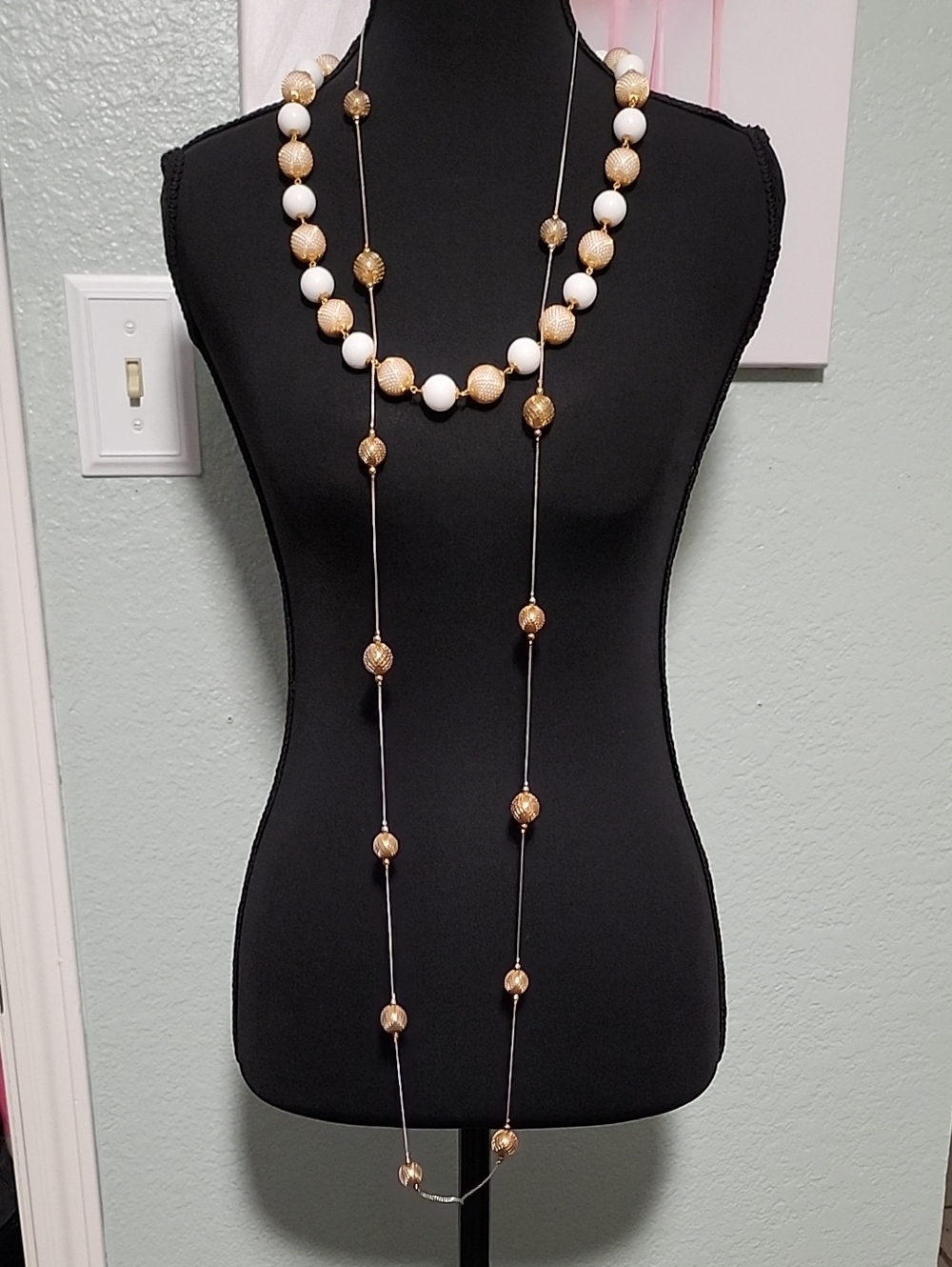 Layered White and Gold Bead Necklace Set - Women’s Fashion Jewelry
